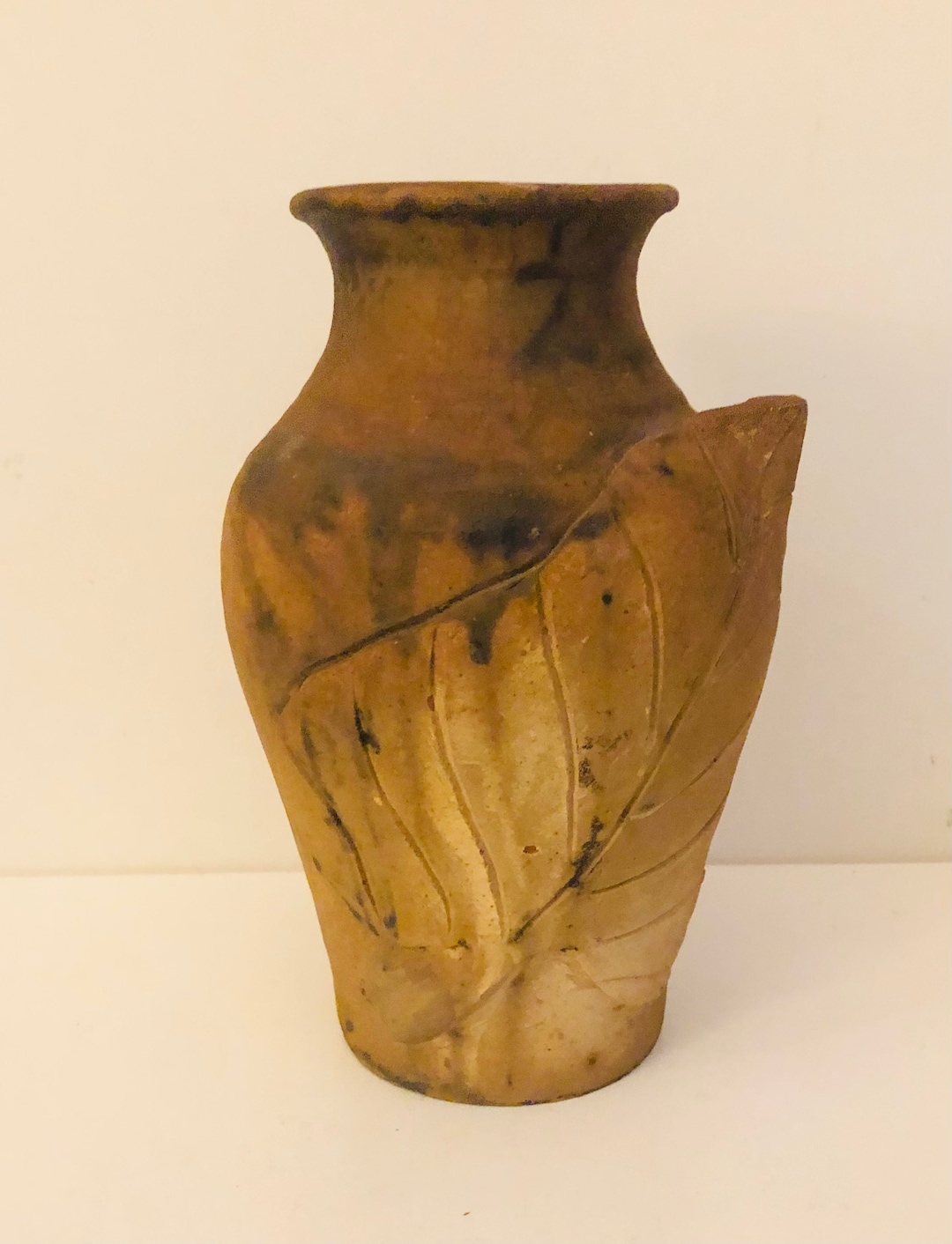Hand Built Ceramic Vase Raised Leaf Design Studio Pottery Rustic ...