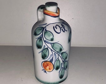 Small Decorative Vintage Ceramic Oil Decanter Bottle w Stopper hand Painted Olives Branches and Leaves Italian Salad Table Decor