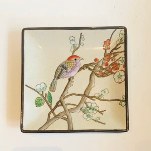 Vintage Chinoiserie Trinket Dish Coin Catch All Asian Grandmother Decor Pink Purple Bird in Cherry Blossom Tree Pink Flowers Square Dish