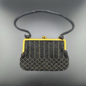 Pequeño bolso de noche Art Deco de mediados de siglo con cuentas negras, bolso de cóctel de cristal negro, monedero con cuentas geométricas, ¿checo? TAL CUAL