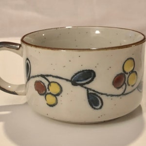 Vintage Stoneware Ceramic Soup Chowder Mug Hand Painted Berries and Leaves Earth Tones Hippie Boho Mug