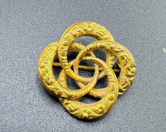 Antique Victorian Love Knot Brooch Gold Gilt over Brass Ornate Repouse Lapel Pin Sweetheart Jewelry 1890s-1910s