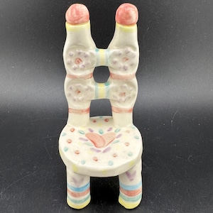 Vintage Ceramic Dollhouse Ladderback Chair Kitchen Sidechair Miniature Farmhouse Table Furniture Hand Painted in Pastels signed F Welch 1991