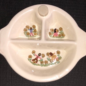 Vintage Art Deco Excello Baby Food Warming Dish Delightful Graphics Children Picking Flowers w Orig Stopper Ceramic Baby Food Dish 1940s-50s