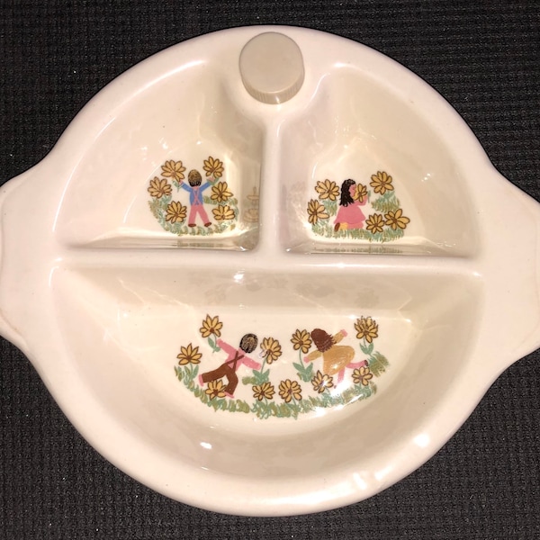 Vintage Art Deco Excello Babykost Warmhalteschale Entzückende Grafiken Kinder, die Blumen pflücken w Orig Stopper Keramik Babykost Schale 1940er-50er Jahre