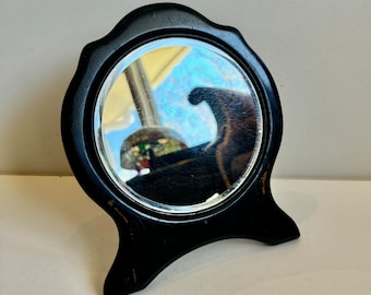 Fabulous Antique Edwardian Art Deco Round Wooden Travel Shaving Mirror on Folding Metal Stand can be Hung on Wall