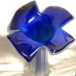 Vintage Art Glass Vase Layered Blue and Clear Pulled Glass with Flower Design Shaped Top