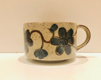 Vintage Mid Century Stoneware Ceramic Soup Chowder Mug Hand Painted Big Blue Flowers Daisies Earth Tones Otagiri Stoneware Hippie Boho Mug