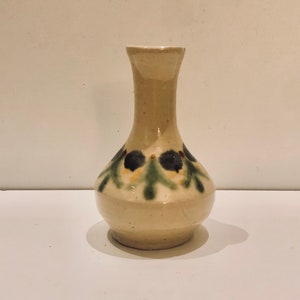 Just the Sweetest Little Art Pottery Bud Vase Ever!  Selling a Keeper! Hand Built Vintage Ceramic Vase with Purple Flowers