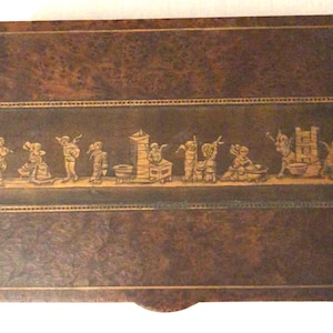 Vintage Wooden Marquetry Inlay Box Dark Wooden Inlay Playing Card Box Trinket Box Whimsical Cherubs AS IS