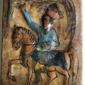 Antique Mideastern Terra Cotta Tile Glazed Tile Hunter on Horse Feeding Falcon or Mythological Bird Islamic ca 18th-19th C Turkish Tile