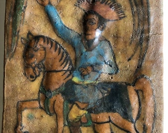 Antique Mideastern Terra Cotta Tile Glazed Tile Hunter on Horse Feeding Falcon or Mythological Bird Islamic ca 18th-19th C Turkish Tile