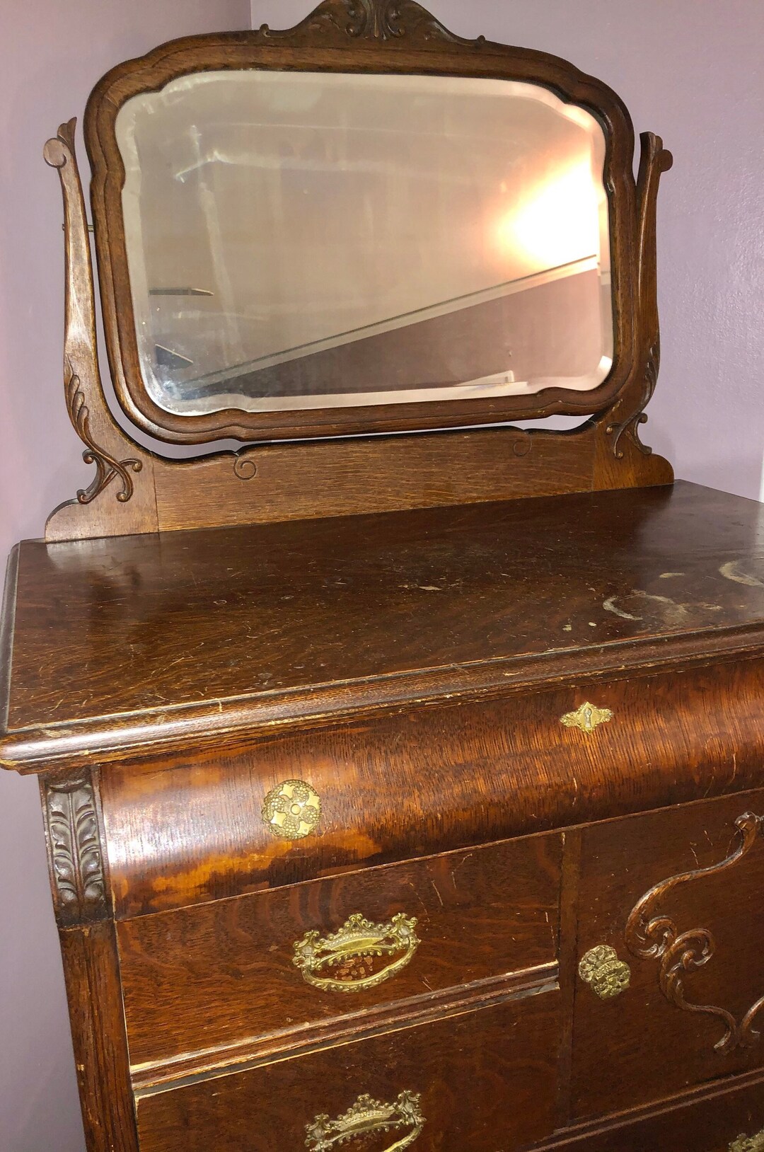 Antique Tiger Oak Chest Quarter Sawn Oak W Scalloped Beveled