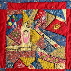 Pair of Adorable Vintage Baby Quilts Sunbonnet Sue Baby Crib Blanket & Patchwork Quilt Hand Stitched Heart Doggie Bear Folk Art Wall Hanging