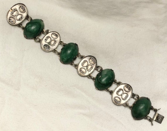 Vintage Mexican Jade Serpentine Silver Paneled Br… - image 4