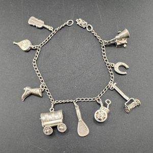 Vintage Sterling Silver Cowboy Charm Bracelet Western Southwestern Whimsical 3D Charms Conestoga Wagon Victrola Edwardian Button Up Boot 12g