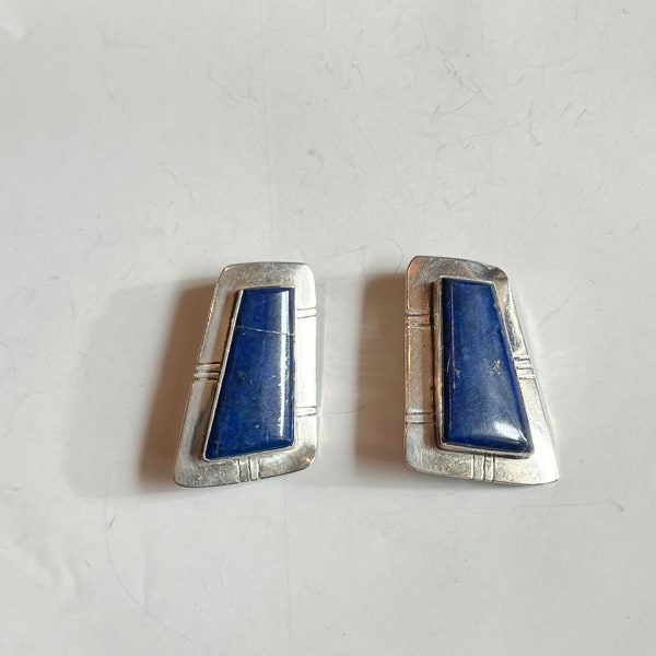 Lovely Large Nez Sterling Navajo Lapis Lazuli Earrings Asymmetrical Deco Inspired Geometric MCM Clip Ons AS IS