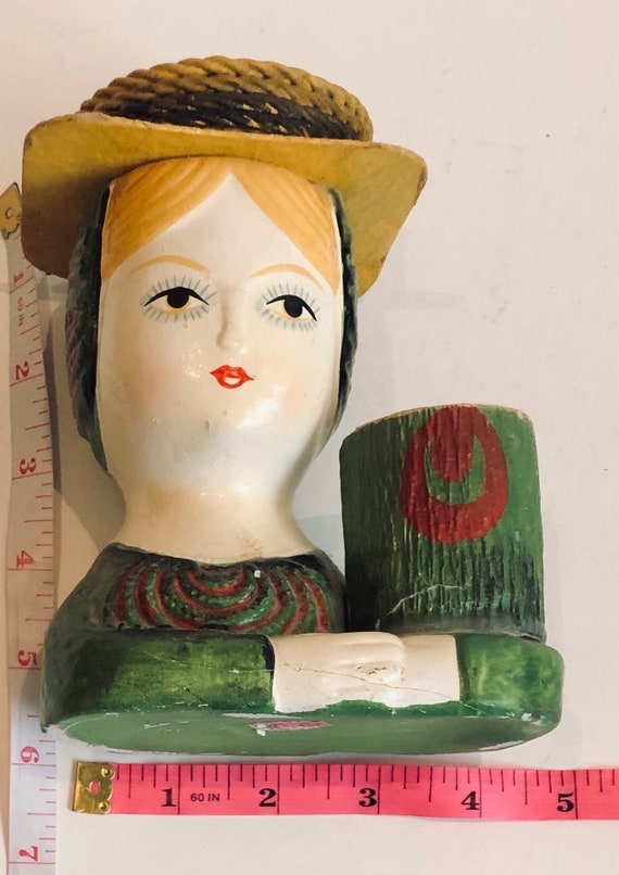 1960s Mod Paper Mache Lady Head Lipstick Pincusion Bust Gemma