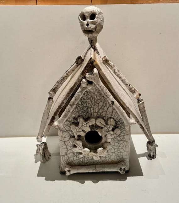 Whimsical Spooky Vintage Raku Pottery Skeleton Birdhouse