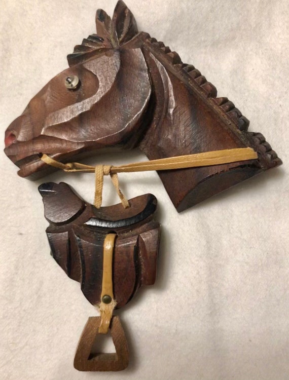 Vintage Carved Midcentury Leather & Wood Horse an… - image 1