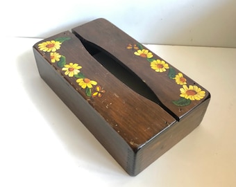 Vintage Mid Century Wooden Folk Art Tissue Box Hand Painted Butterflies & Bright Yellow Sunflowers or Yellow Daisies Farmhouse Cottagecore