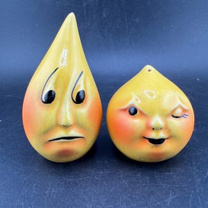 Vintage Drip and Drop Anthropomorphic Shaker Set Vallona Starr Bright Yellow Winky Face Salt and Pepper Shakers Mid Century Kitsch AS IS
