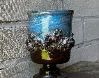 Vintage Glit Iceland Lava Pottery Brutalist Goblet Blue Brown Glazed MCM Modernist Icelandic Volcanic Rock Footed Cup Weed Pot Brush Holder