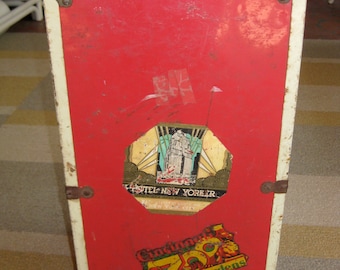 Charming Vintage 1950s Red Metal Doll Steamer Dolly Trunk w Travel Labels Orig for Ginny Dolls Doll Storage Dollhouse Decor