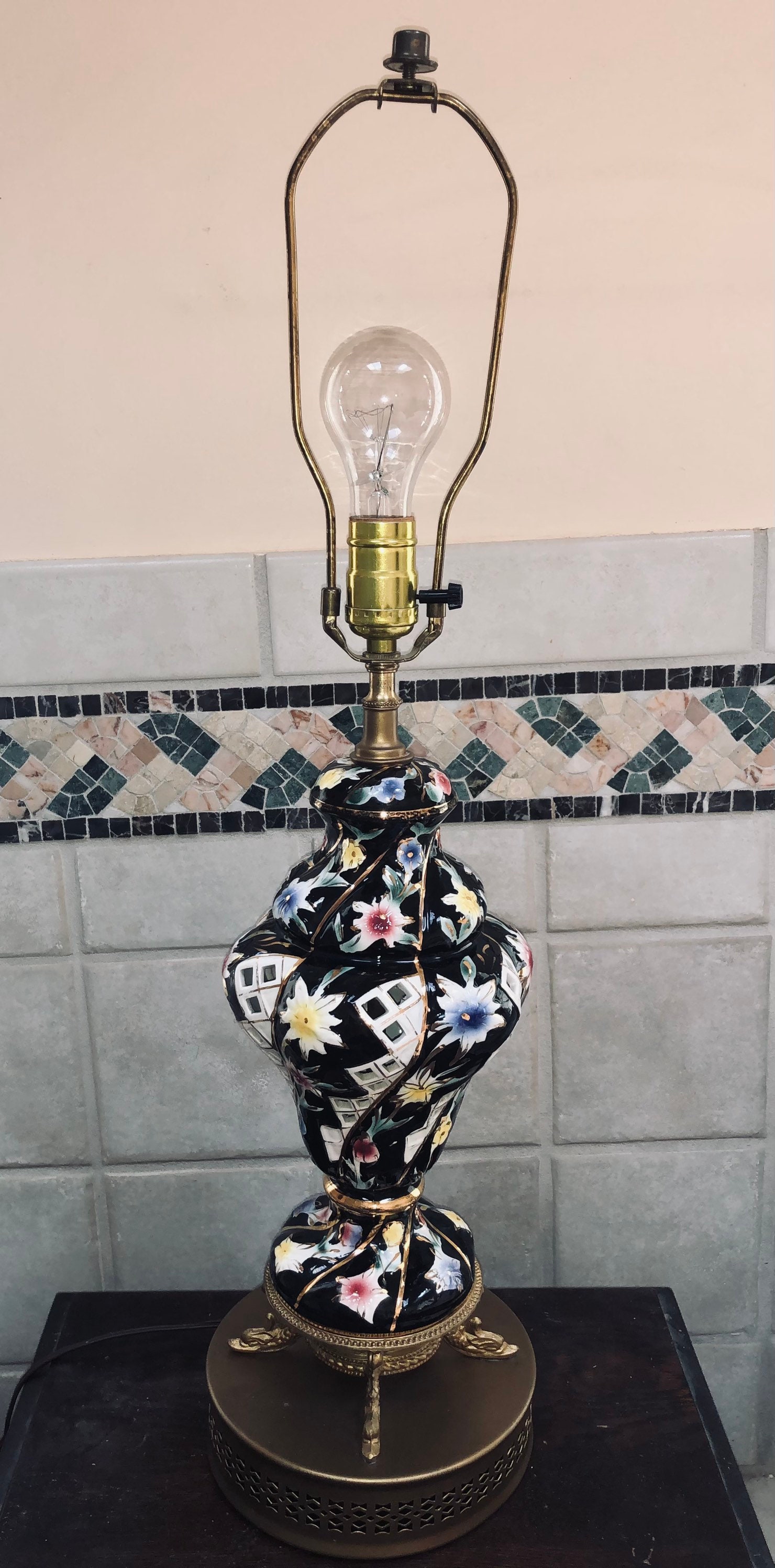 Mid-century Italian Capodimonte Table Lamp Dolphin Base Lattice