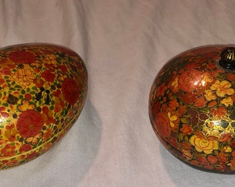 Pair! Vintage Hand Painted Paper Mache Egg and Round Handmade Trinket Boxes from Kashmir Indian Figural Kashmiri Paper Mache Floral Boxes