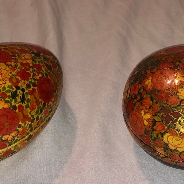 Pair! Vintage Hand Painted Paper Mache Egg and Round Handmade Trinket Boxes from Kashmir Indian Figural Kashmiri Paper Mache Floral Boxes