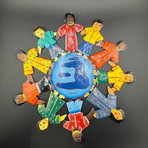 Hand Painted Haitian Children of the World Metal Folk Art Wall Hanging Croix Des Bouquets Port-au-Prince Haiti Recycled Oil Drum