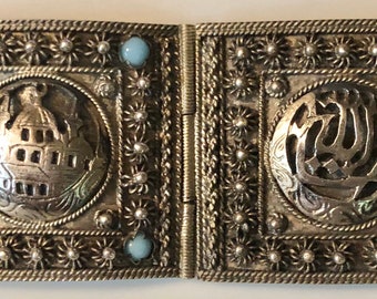 Vintage Turkish Silver Filigree Turquoise Tribal Cuff Panel Kete Bracelet Vintage Mideastern Islamic Ornate Belly Dancing Jewelry 900 Silver