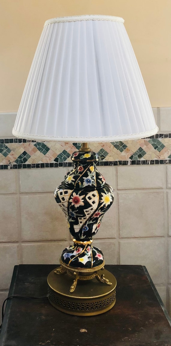 Mid-century Italian Capodimonte Table Lamp Dolphin Base Lattice
