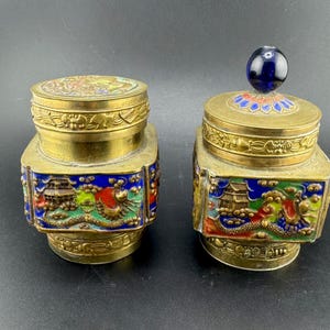 Pair of Antique Chinese Brass Enamel Trinket Boxes Art Deco Lidded Stash Pots Serpents Dragons Quilongs Pagodas Qing Dynasty 1920s