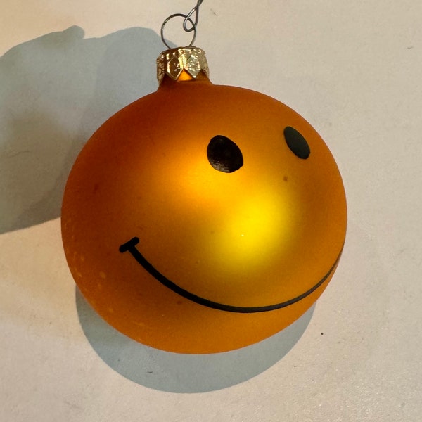 Whimsical Vintage Smiley Face Glass Christmas Ornament Iconic Happy Face Xmas Ball Made in Poland