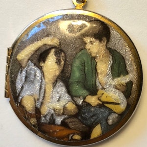 Victorian Revival Enameled Locket Necklace Classic Painting Rendition of Boys Eating Grapes Gold Tone Vintage Locket