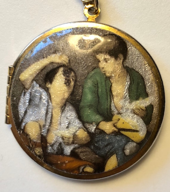 Victorian Revival Enameled Locket Necklace Classic Painting Rendition of Boys Eating Grapes Gold Tone Vintage Locket