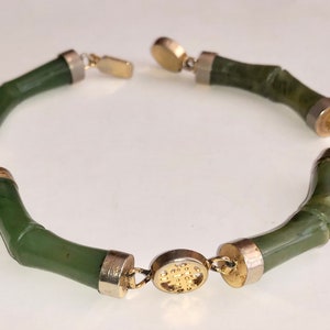 Chinese Spinach Bamboo Jade Bracelet Vintage Nephrite Bracelet w Carved Jade Links and Chinese Links ca 1950s-60s