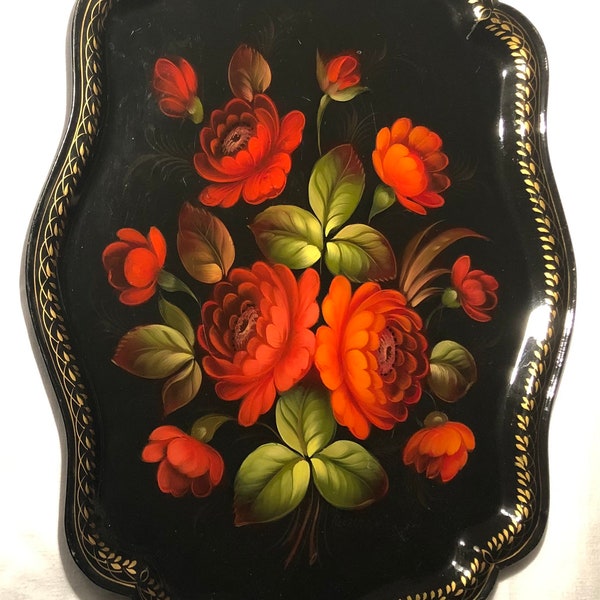 Vintage Large Hand Painted Russian Tole Tray Vibrant Red Flowers Artist Signed Russian Black Toleware Tray Cottage Core Decor SALE