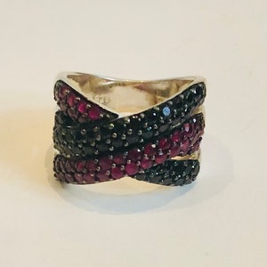 Stunning Wide Ruby Red & Black Crystal Woven Sterling Band Statement Ring Size 6