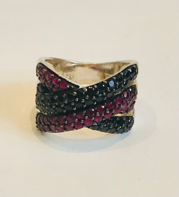 Stunning Wide Ruby Red & Black Crystal Woven Ster… - image 1