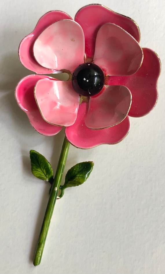 Retro Sixties Enameled Flower Brooch & Silver Rose