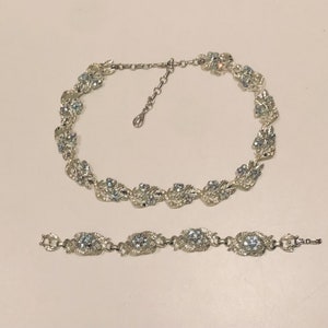 Vtg Midcentury Coro Aurora Borealis Blue Rhinestone Choker Necklace & Blue Ice Cluster Bracelet Silver Leaf Links Needs Stones As Is