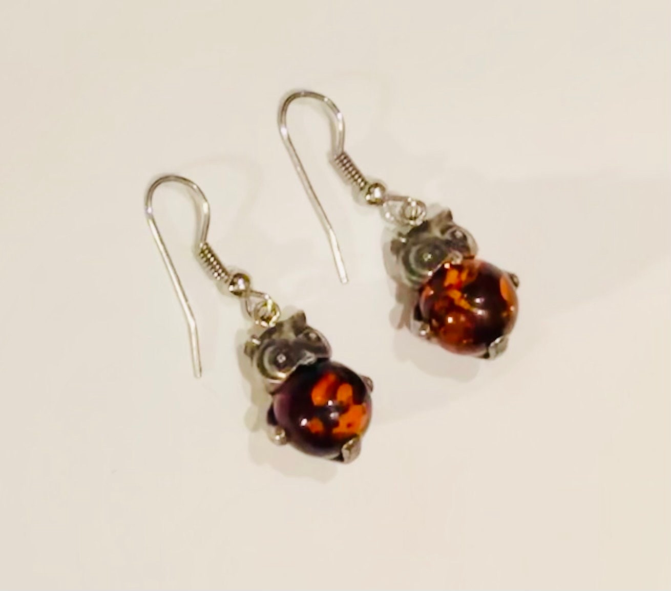 Sweet Vintage Silver Owl Pierced Earrings w Orange Resin Bead Bodies Would be great Bracelet Charms 