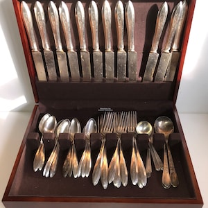 Vintage 1950s Mid Century Oneida Community Plate Silver Service for 12 Nobility Reverie Pattern Wooden Flatware Chest C Monogram