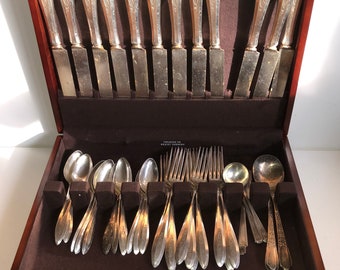 MCM Oneida Community Plate Silver Service for 12 in Wooden Flatware Chest Grandmother Core Granny's Silver Drawer Housewarming Gift