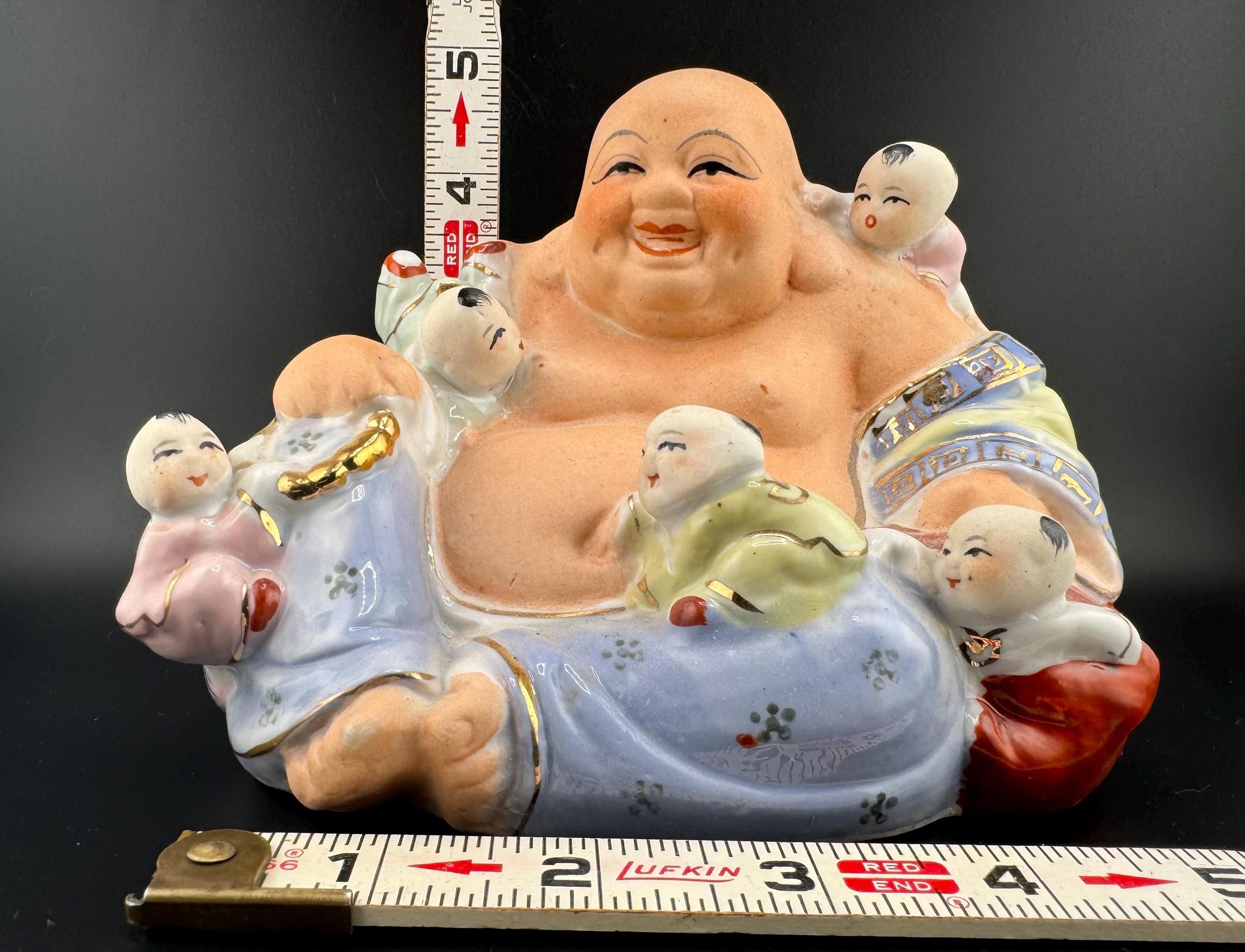 ヴィンテージ 中国製 幸せに笑う仏陀と五人の子供の像 幸運の東洋陶器 