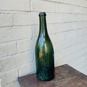 Antique Dark Green Victorian Wine Bottle ca 1870s Hand Applied Lip Poured Mould Blown Glass Bottle Stacking Wine Bottle