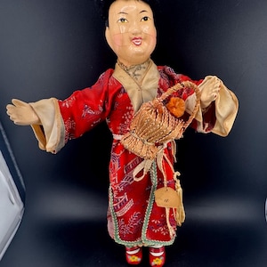 Handmade Vintage Composition Chinese Doll Male in Embroidered Robe Holding Basket Tripod Mark Asian Character w Tag Mid Century AS IS